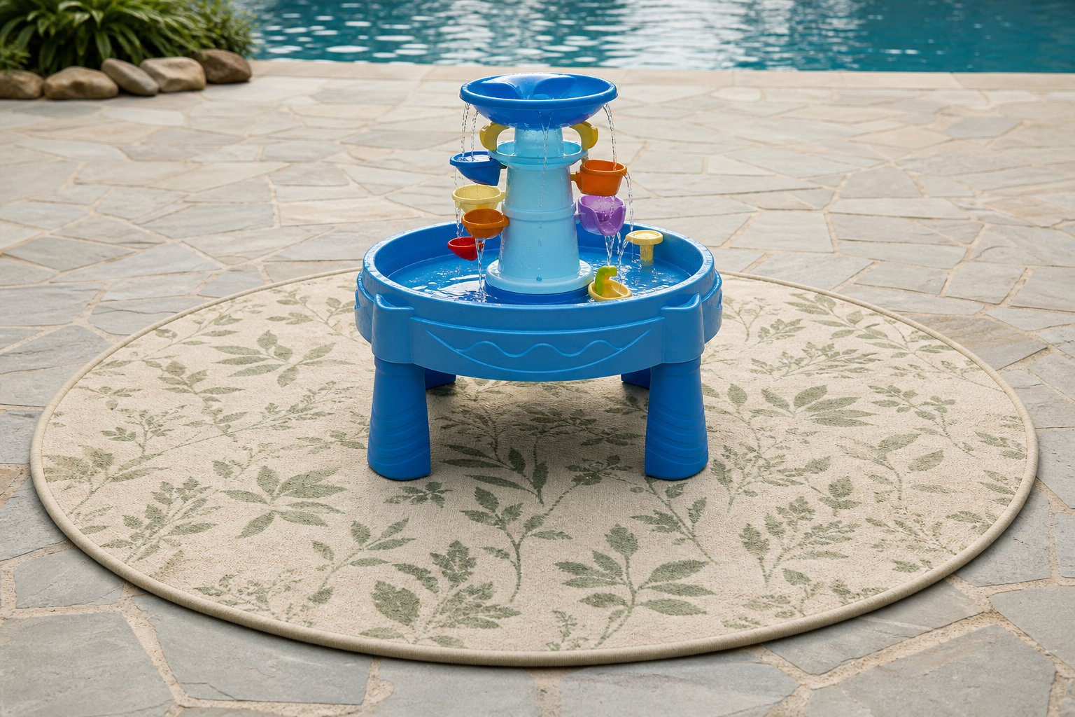 Round Splash Landing play mat with water table on a pool deck